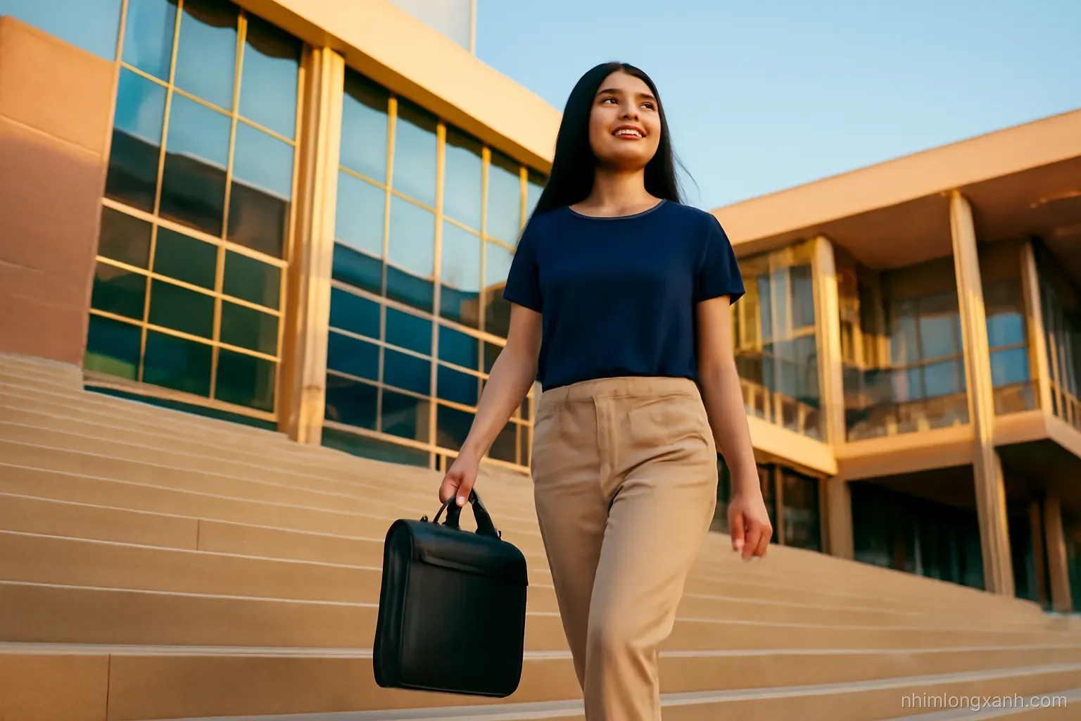 Vietnamese woman in her late twenties walking up wide university steps at golden hour holding a laptop bag, low angle wide shot, modern campus architecture, warm amber and navy tones