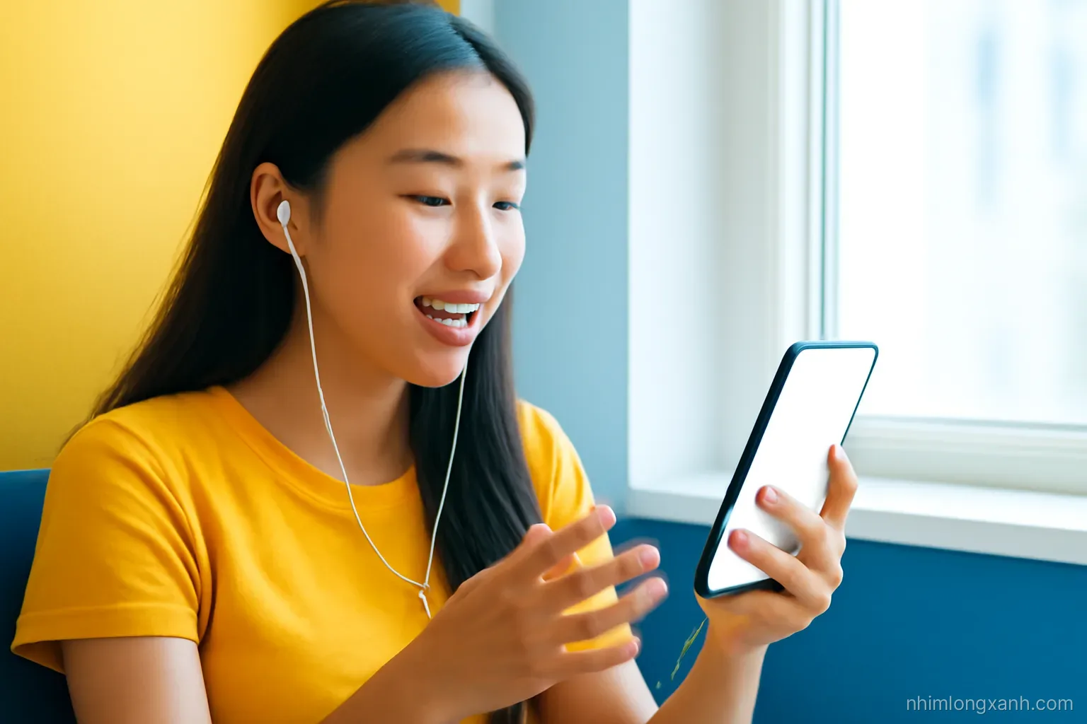 Close-up of a Vietnamese teenage girl wearing earbuds and speaking toward a smartphone with a blank glowing screen on a bright window seat, sunflower yellow and cobalt blue palette