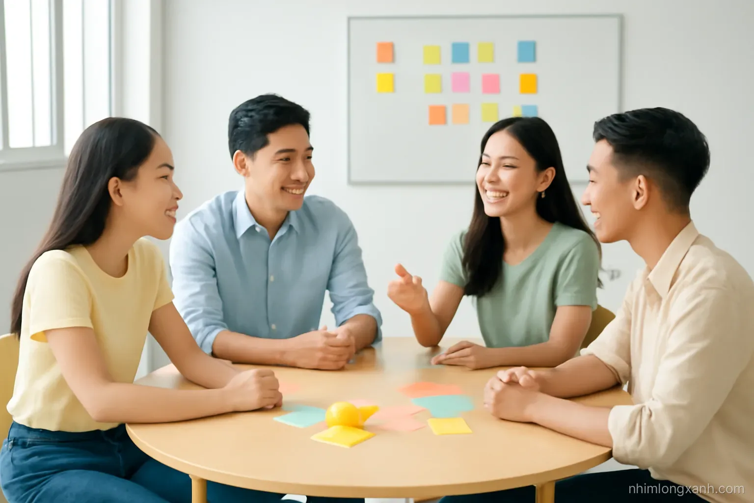 Wide shot of a small group of young Vietnamese adults practicing conversation around a round table in a bright modern classroom, colorful sticky notes blank, high angle, lemon and slate tones