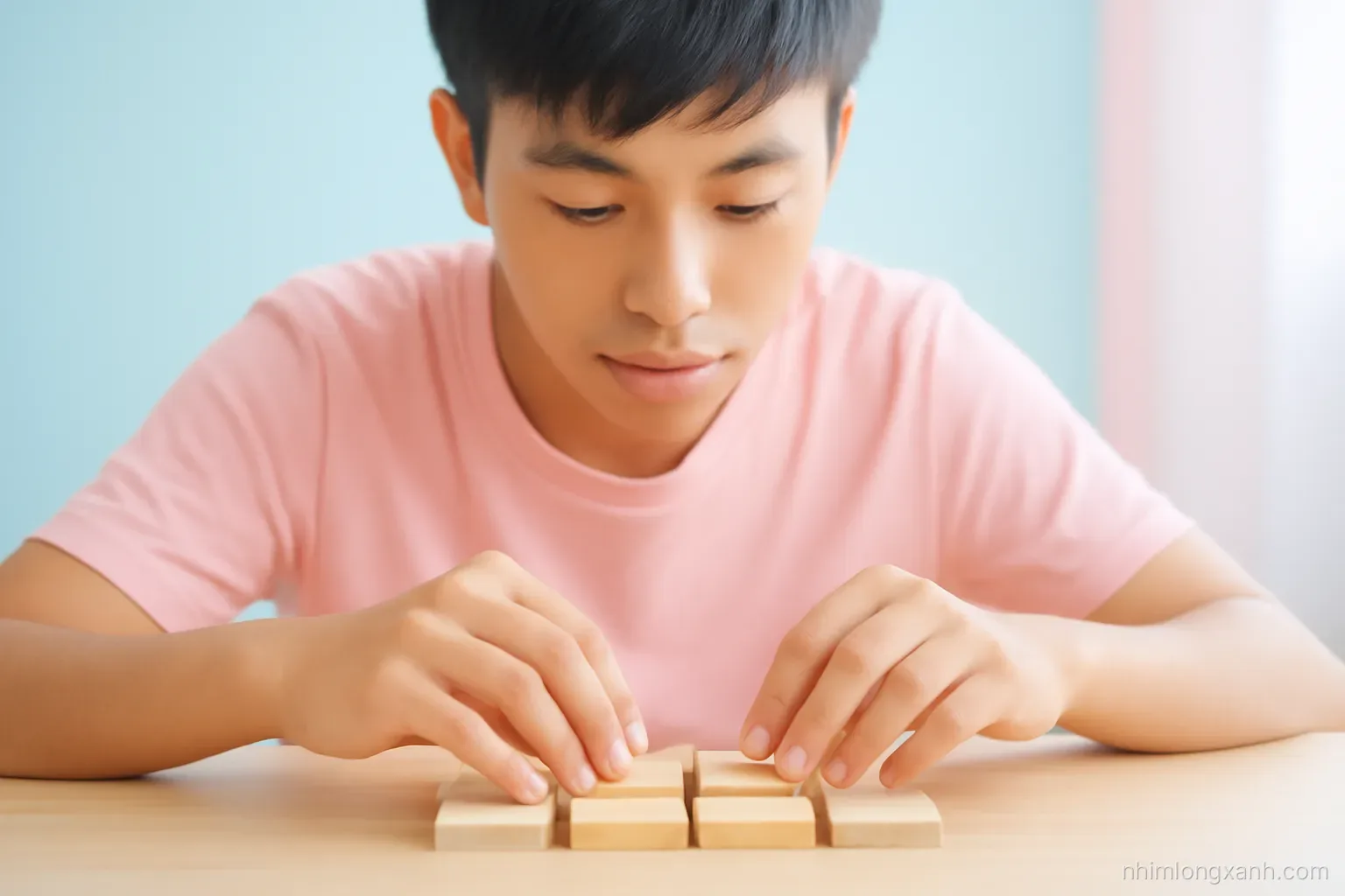 Close-up of a Vietnamese teenage boy hands arranging blank square wooden tiles into blocks on a light oak table, pastel pink and sky blue palette, bright diffused daylight