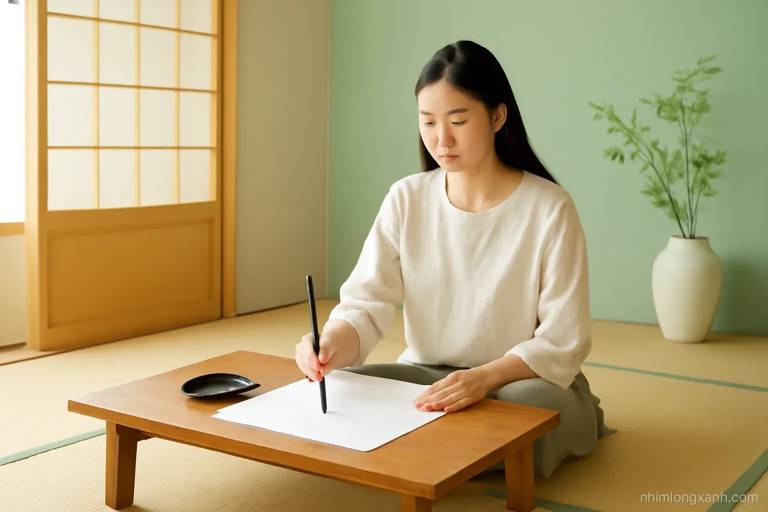 Wide shot of a Vietnamese young woman practicing brush strokes on blank rice paper at a low wooden table, tatami-style room, sage green and soft beige palette, gentle side light