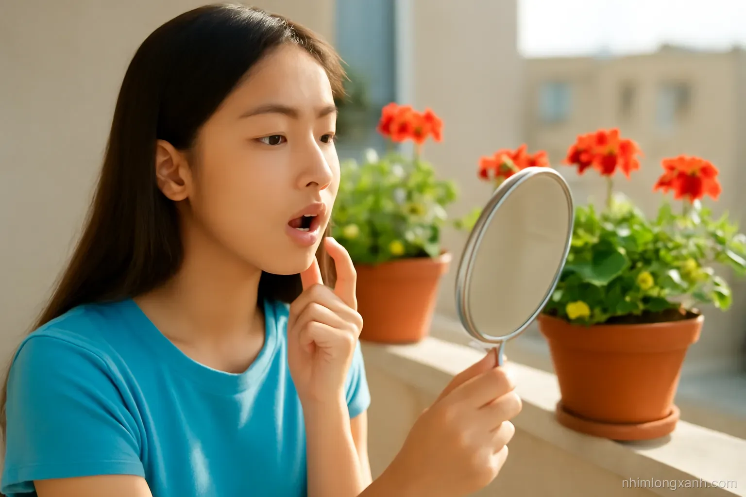 Vietnamese teenage girl practicing pronunciation in front of a small round mirror at a sunny balcony with potted geraniums, three-quarter view, golden light, blue and terracotta tones