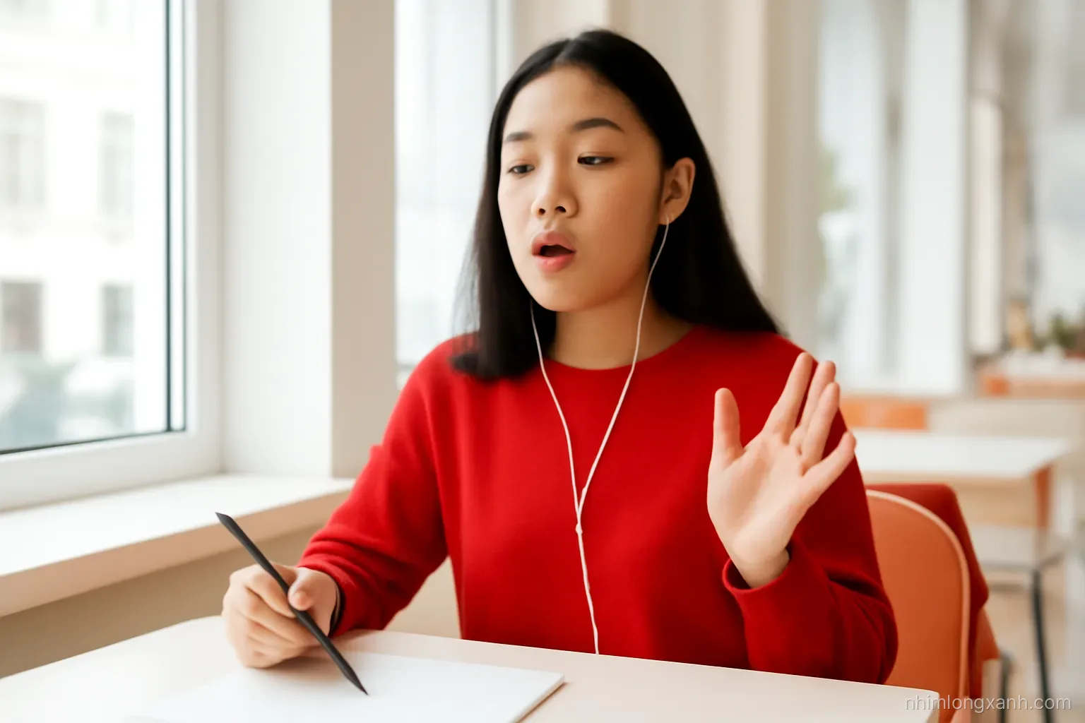 Eye-level medium shot of a Vietnamese female student at a bright cafe window table, practicing tones aloud with one earbud in, brush and blank paper beside her, vermilion and ivory palette
