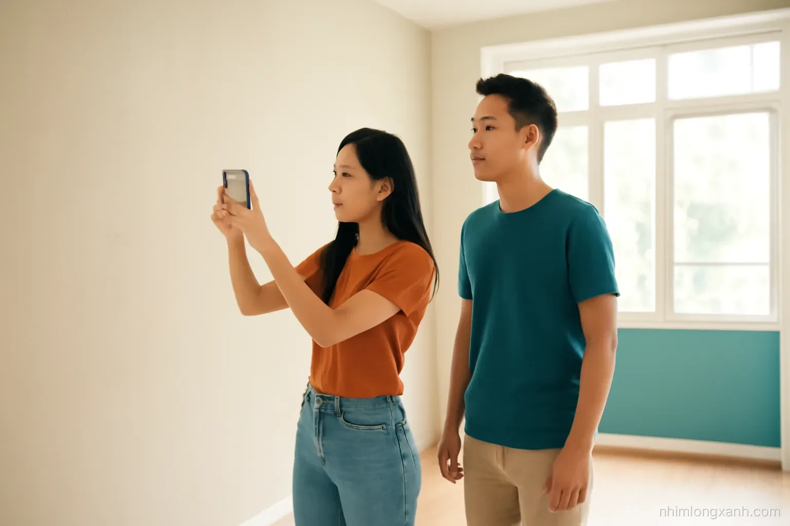 Young Vietnamese couple inspecting an empty rented apartment, the woman photographing a scuffed wall with her phone, wide shot, morning light through tall windows, warm beige and teal tones