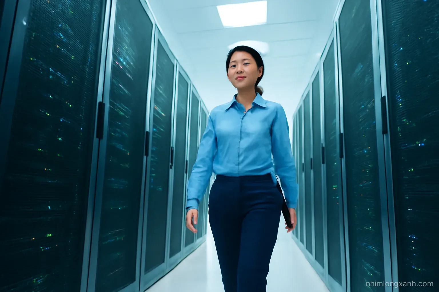 Low angle wide shot of a Vietnamese female engineer walking between tall server racks with small green lights in a clean bright data room, cool cyan and white tones