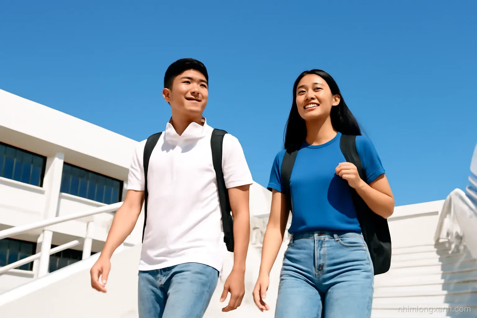 Low angle shot of two Vietnamese university students walking up bright campus stairs with backpacks and headphones, clear blue sky, crisp white and cobalt palette