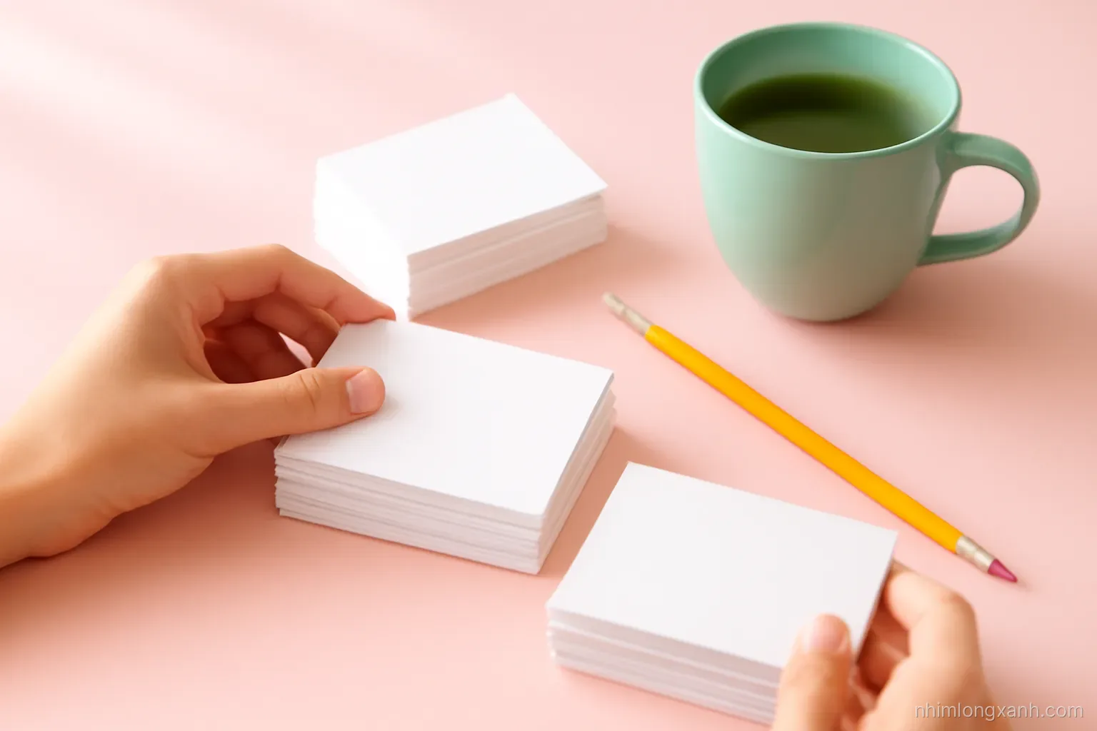 Macro close-up of hands arranging blank white study cards into neat stacks beside a pencil and a cup of green tea, soft side light, pastel pink and green palette