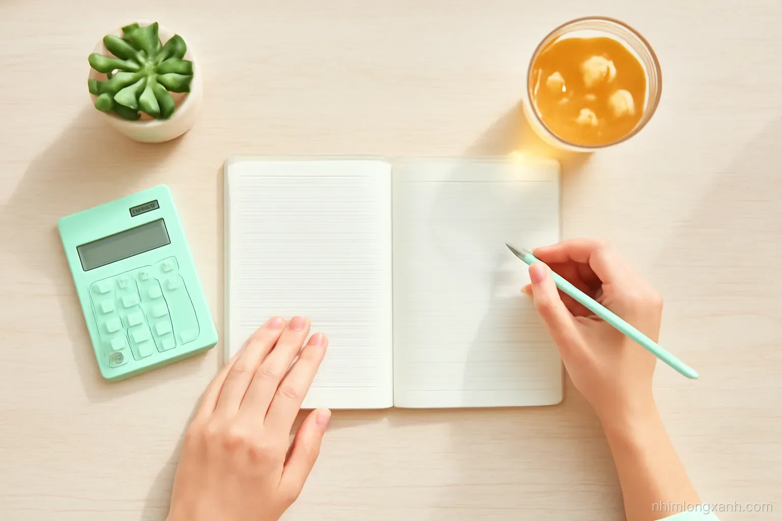 Top-down flat lay of a wooden desk with a blank notebook, pencil, calculator, iced tea and a small potted succulent, a Vietnamese woman's hands planning, soft morning light, mint and beige tones