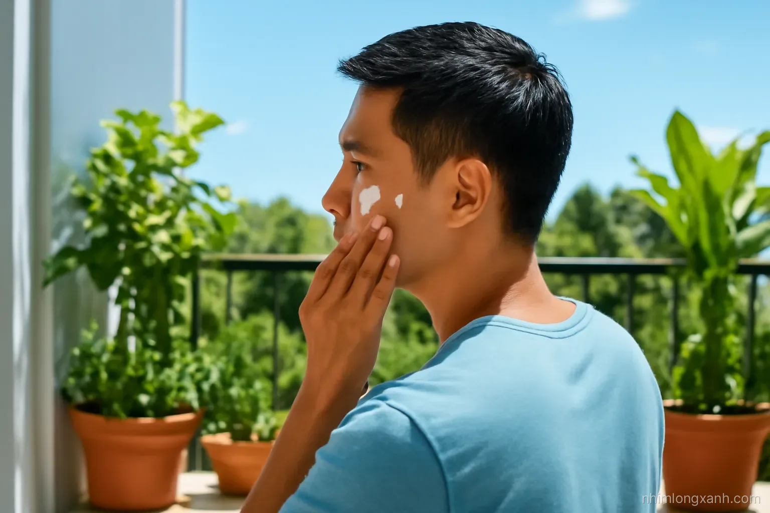 Over-the-shoulder shot of a Vietnamese man dotting white sunscreen across his cheeks on a sunny apartment balcony with potted plants, bright midday light, sky blue and leafy green palette