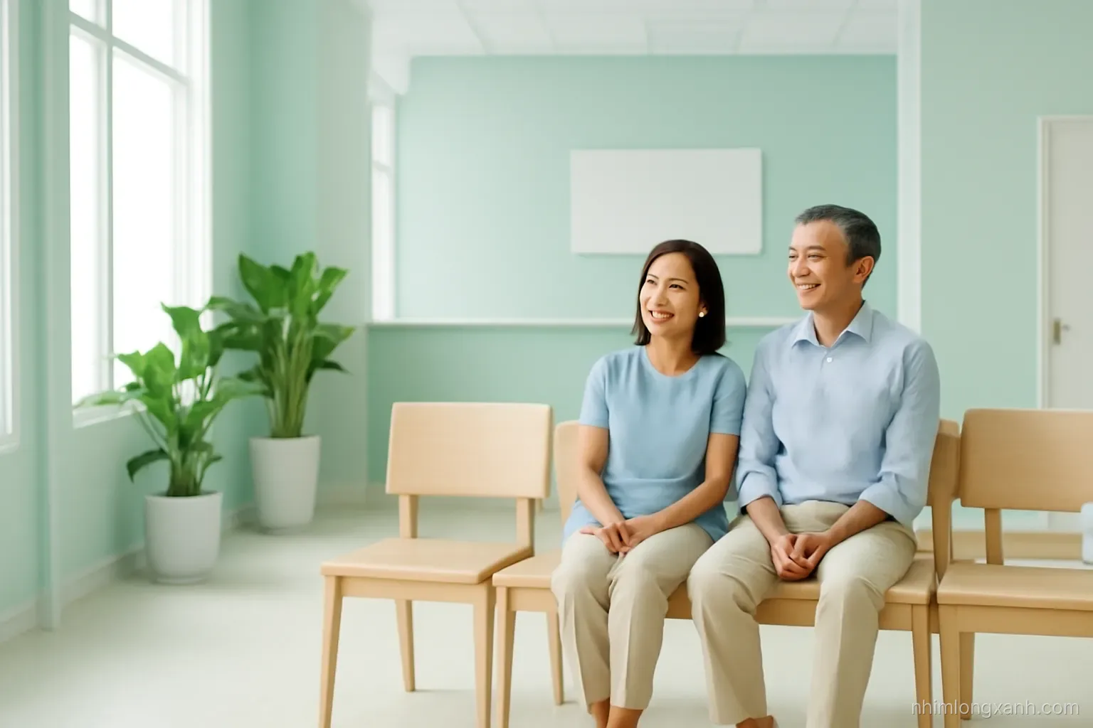 Side view of a Vietnamese woman in her thirties smiling while checking in by face scan at a sleek kiosk with a blank screen, modern clinic lobby, lemon and teal palette