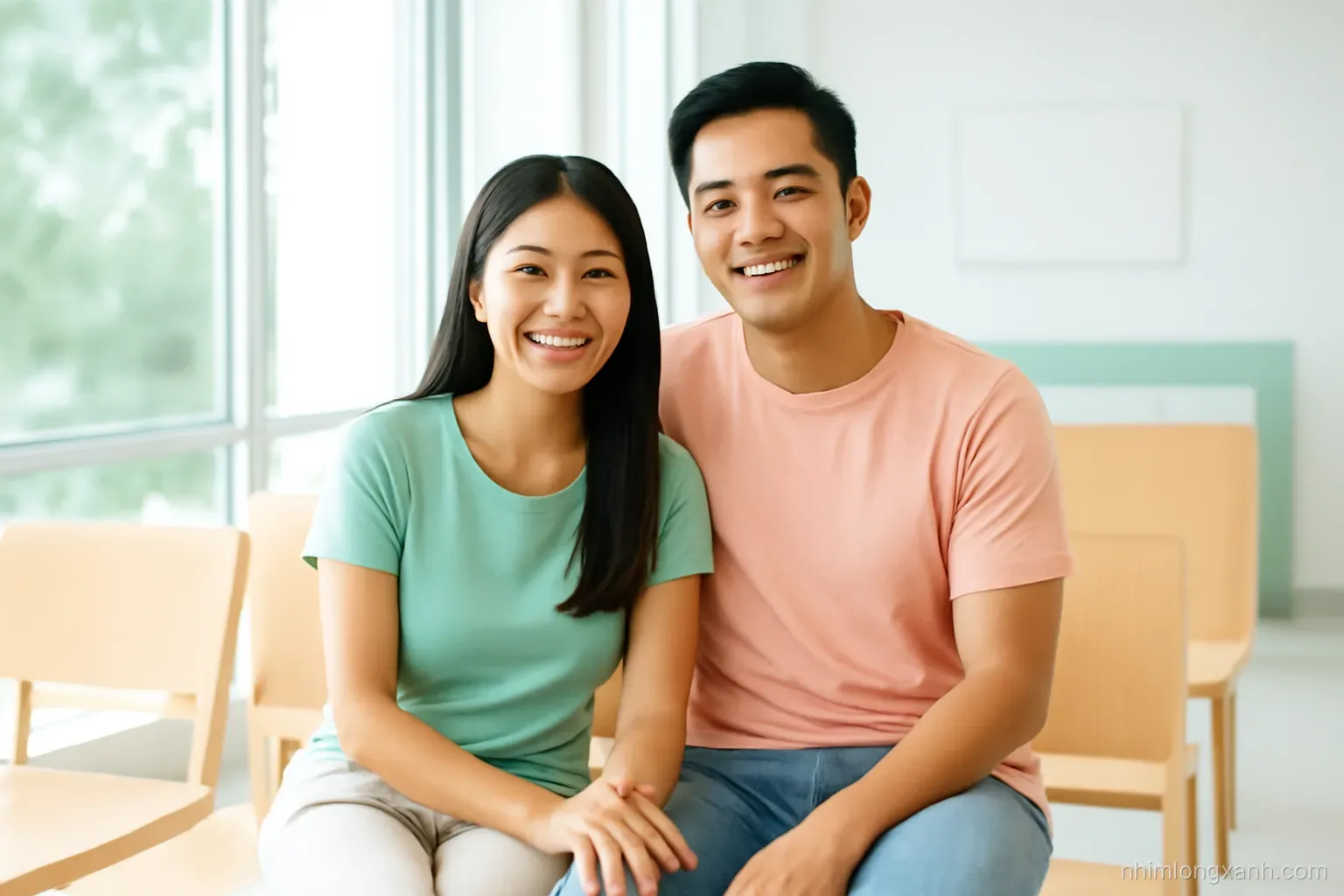Medium shot of a smiling Vietnamese couple in their thirties sitting together in a bright modern clinic waiting area, large windows, light wood benches, fresh mint and peach palette