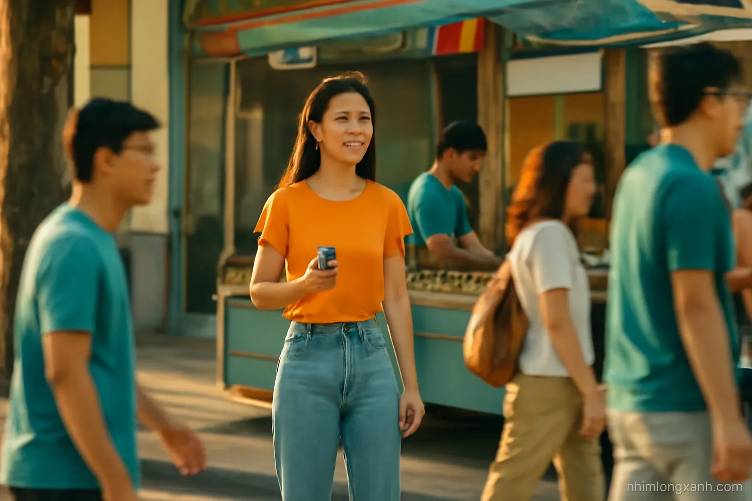 Young Vietnamese woman with a clicker counter standing on a busy sidewalk watching passersby near a street food stall, wide shot from across the street, late afternoon golden light, orange and teal palette