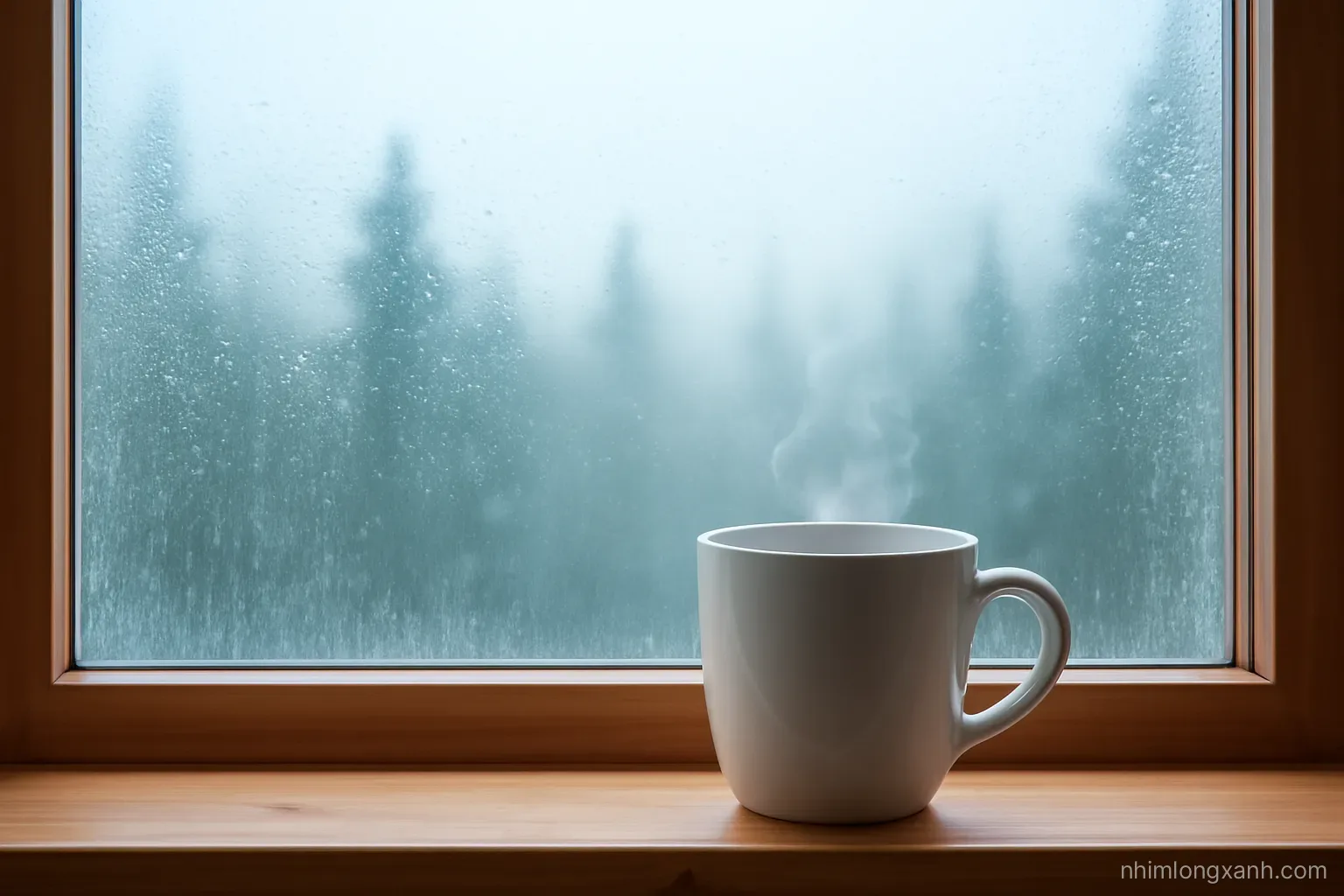 Close-up of condensation droplets on a window pane of a wooden house, blurred misty pine forest outside, a steaming ceramic cup on the sill, cool blue-grey tones with warm wood accents
