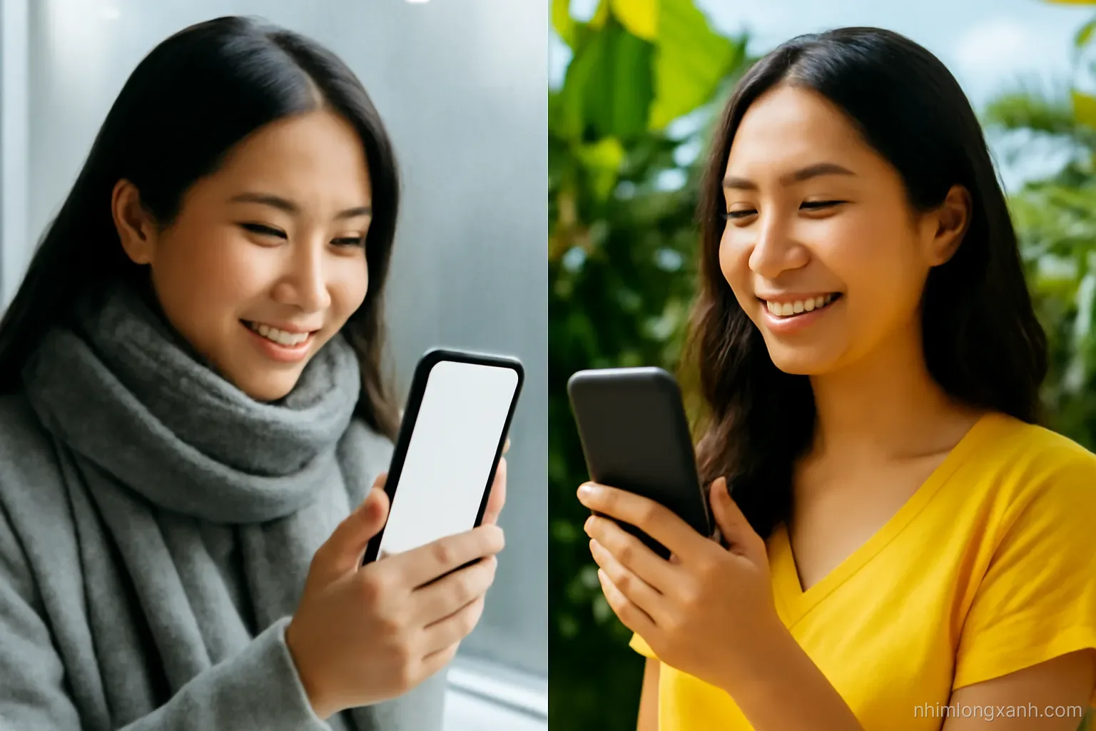 Split composition of two Vietnamese friends on a video call, one bundled in a wool scarf beside a misty window, the other in a sunny tropical garden, glowing blank phones, cool and warm tones