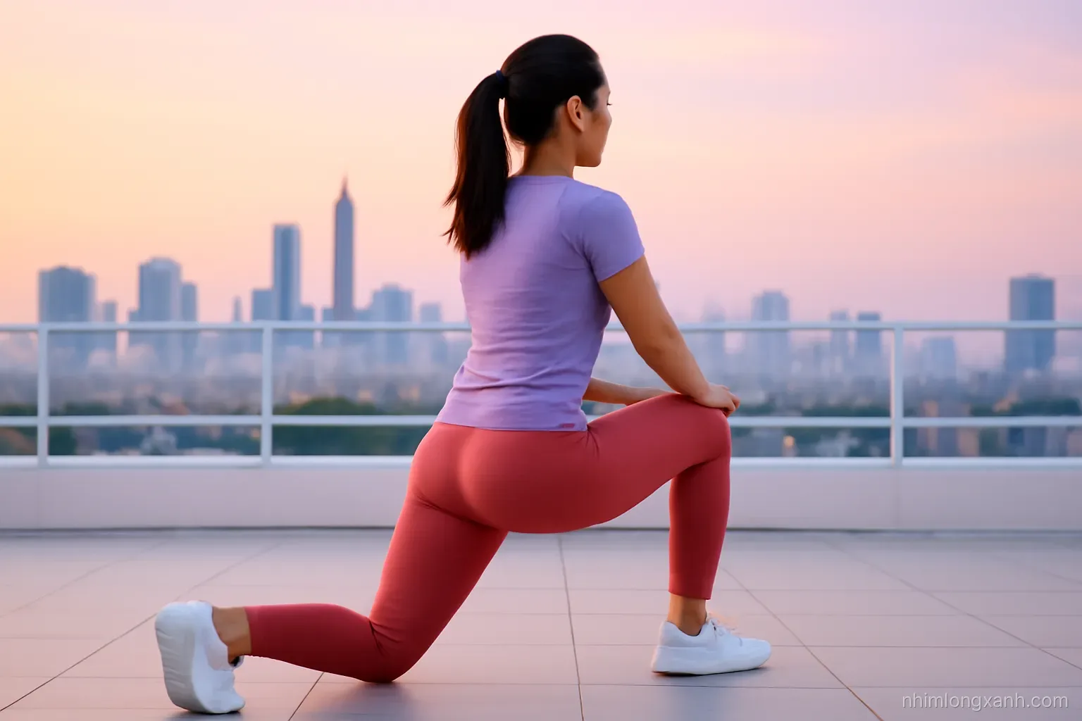 Over-the-shoulder view of a Vietnamese woman doing a lunge stretch on a rooftop terrace at dusk, city skyline softly blurred, lavender and warm orange light