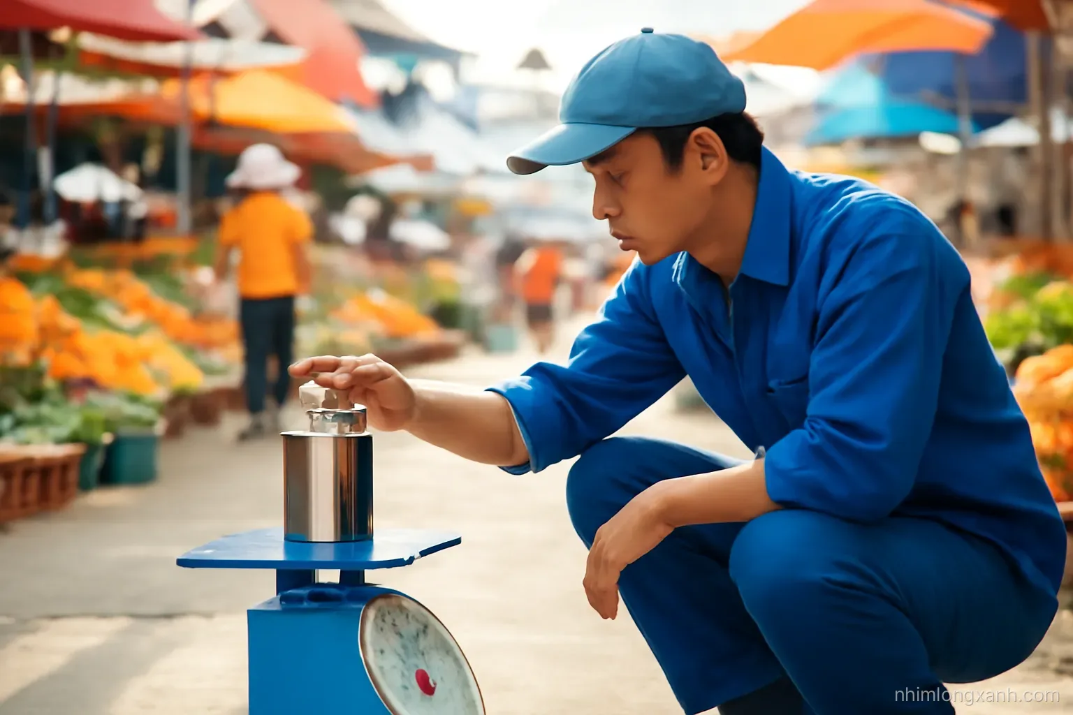 Vietnamese technician in blue overalls placing a shiny steel test weight on a market platform scale, crouched side view, busy morning market softly blurred behind, vivid orange and blue tones