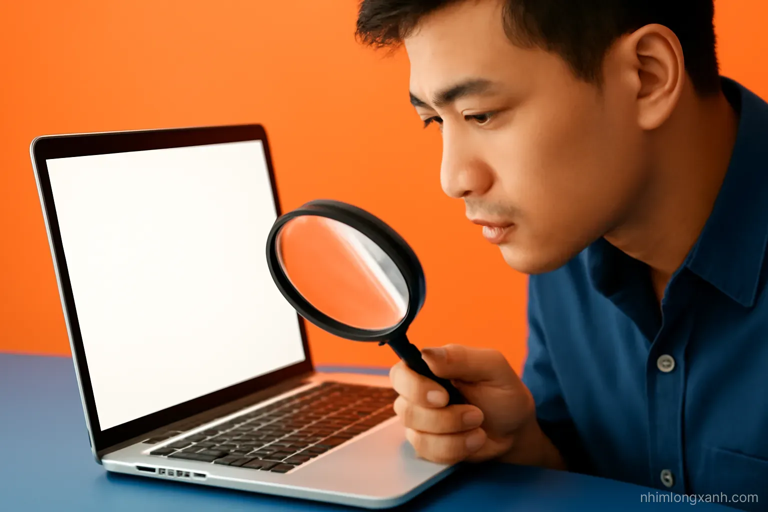 Close-up of a large magnifying glass held by a Vietnamese man over a laptop keyboard, blank glowing screen behind, bright orange and navy color scheme, studio light