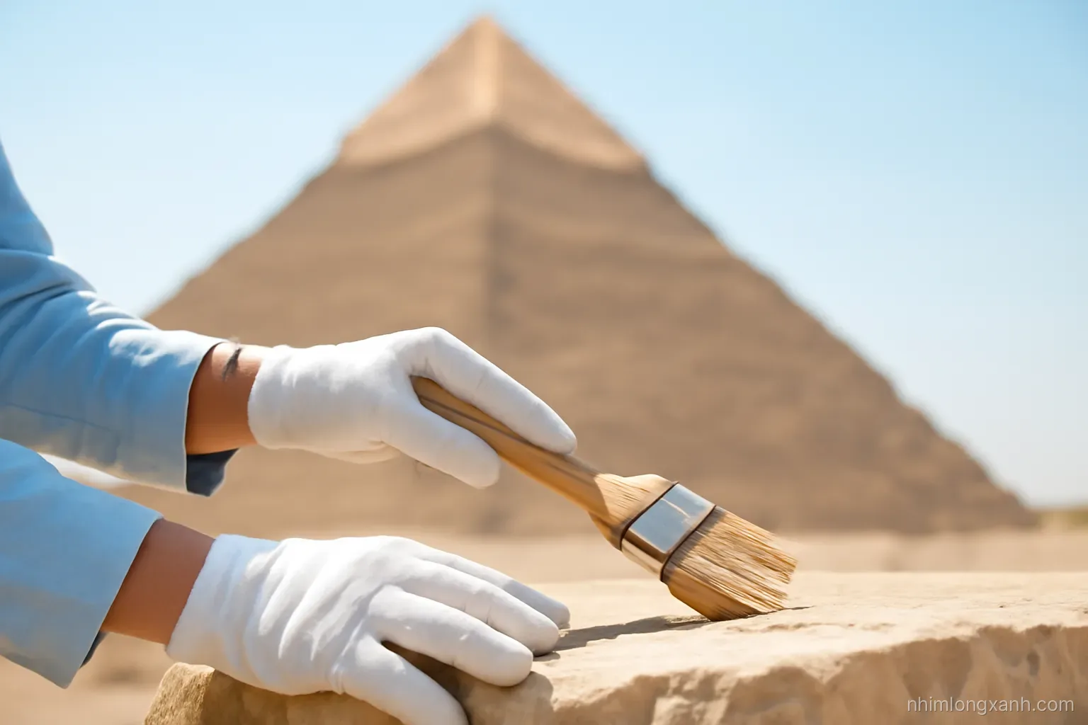 Close-up of an archaeologist gloved hands brushing sand off a huge limestone block, the Great Pyramid softly blurred behind, shallow depth of field, bright morning light, beige and sky blue tones