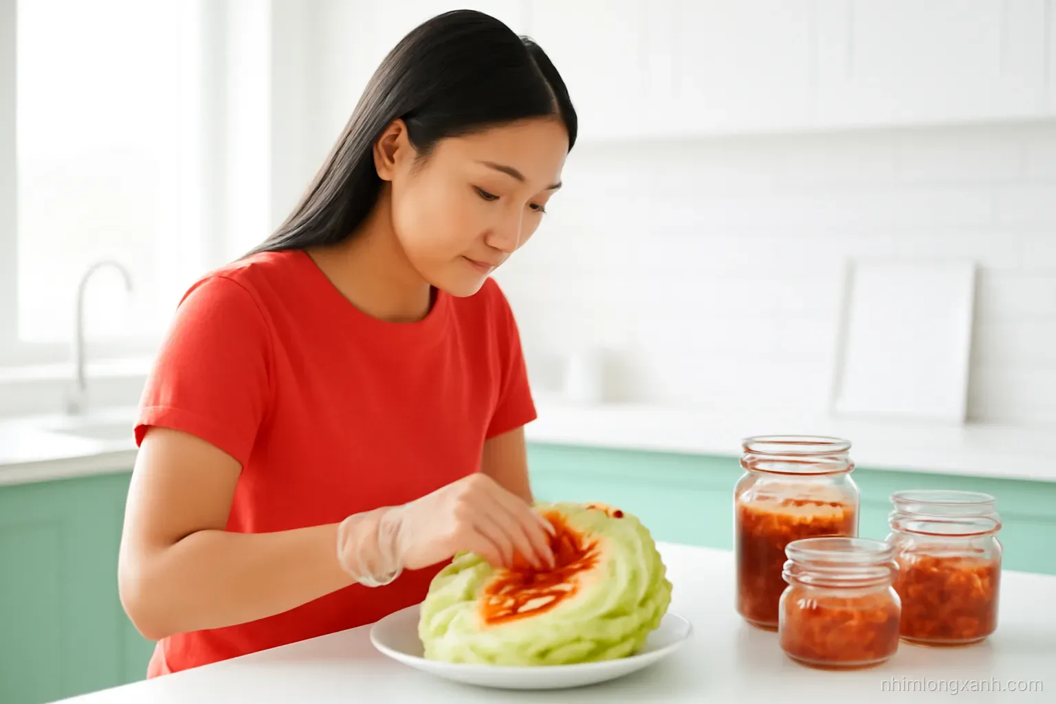 Eye-level side view of a Vietnamese woman in clear gloves rubbing red chili paste between napa cabbage leaves in a bright modern kitchen, glass jars nearby, crisp daylight, red, white and mint palette