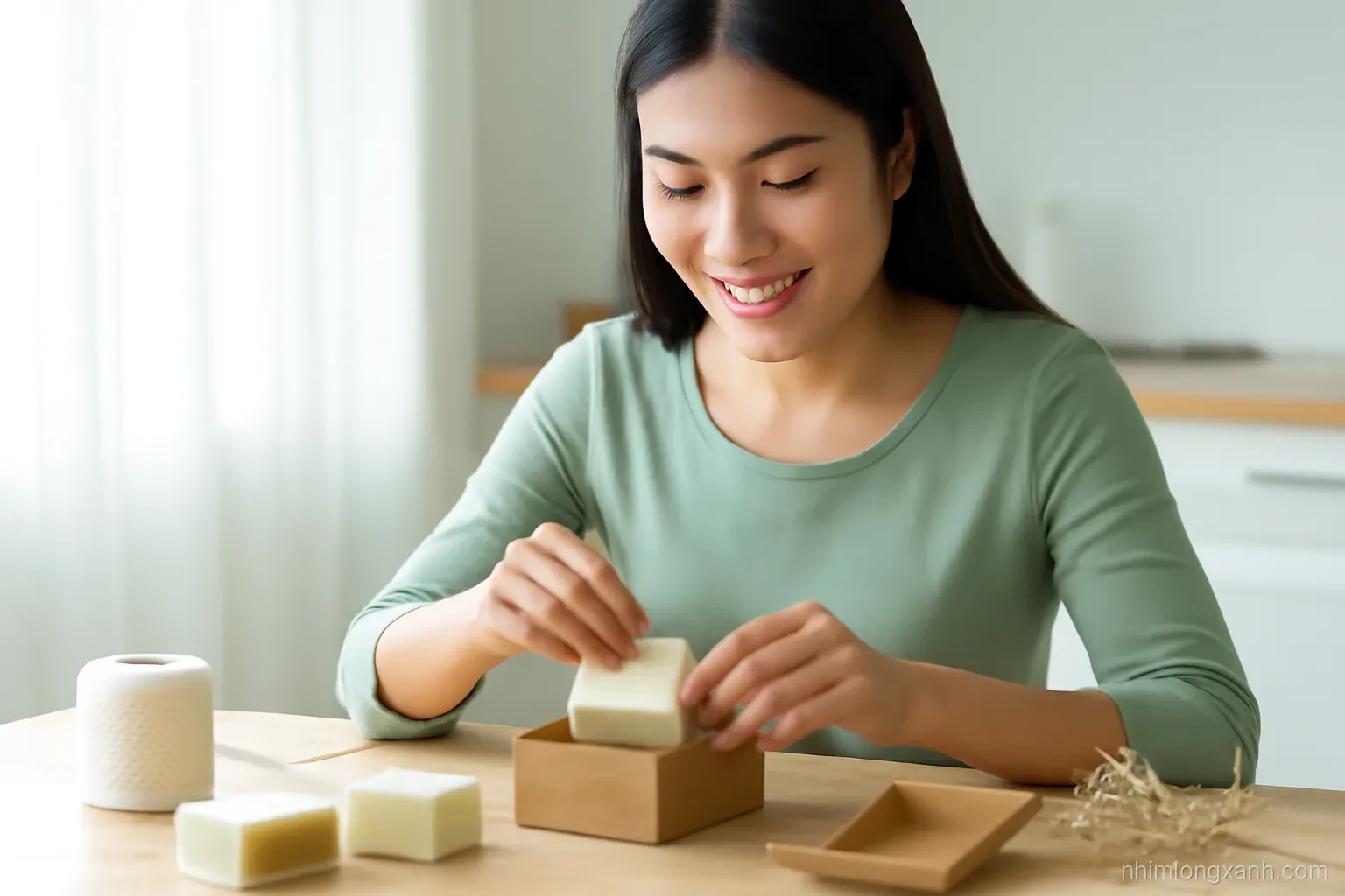 Close-up of a young Vietnamese woman packing handmade soap bars into kraft paper boxes on a kitchen table, cotton twine and dried flowers around, soft natural window light, sage and cream