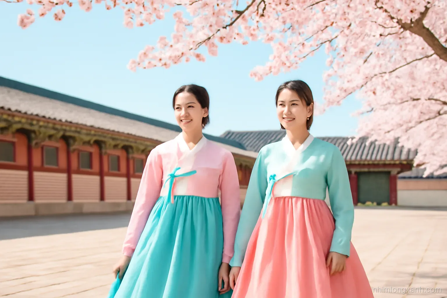 Vietnamese young women in colorful traditional hanbok strolling through a palace courtyard under pink cherry blossoms, eye-level medium shot, clear blue sky, pastel pink and jade palette