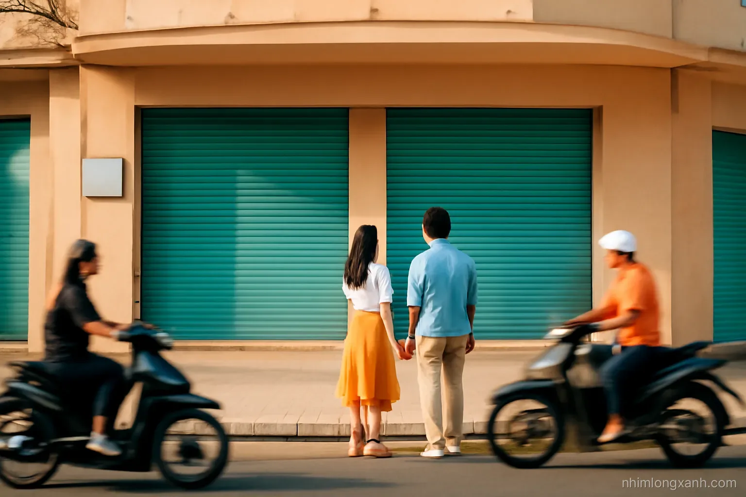 Street-level wide shot of a Vietnamese couple standing on a sidewalk observing an empty shophouse with rolled-up shutters, motorbikes passing, late afternoon sun, teal shutters and warm beige walls