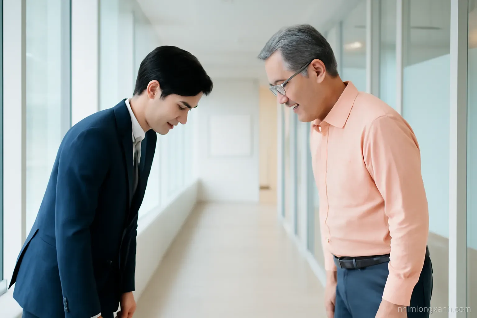Young Vietnamese employee bowing slightly to an older colleague in a modern bright Seoul office corridor, side view medium shot, natural daylight, navy and soft peach tones