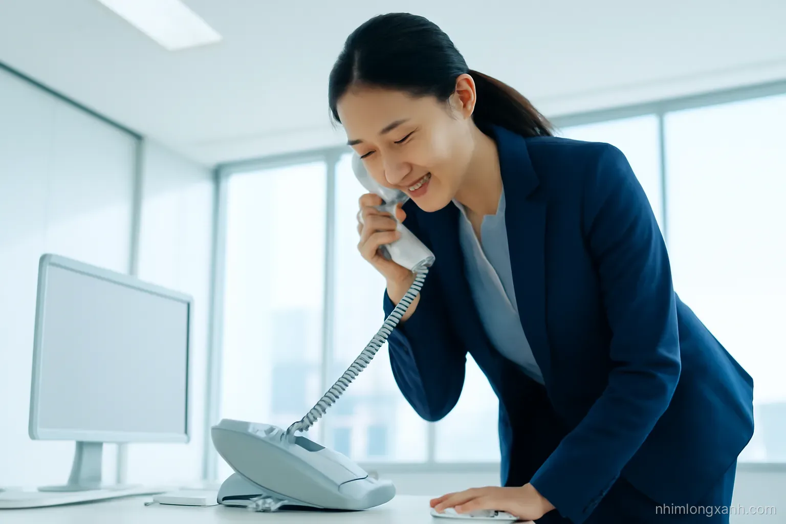Vietnamese woman in a neat blazer holding a desk phone and bowing slightly at a minimalist Tokyo office, low angle shot, cool morning light, white and indigo palette