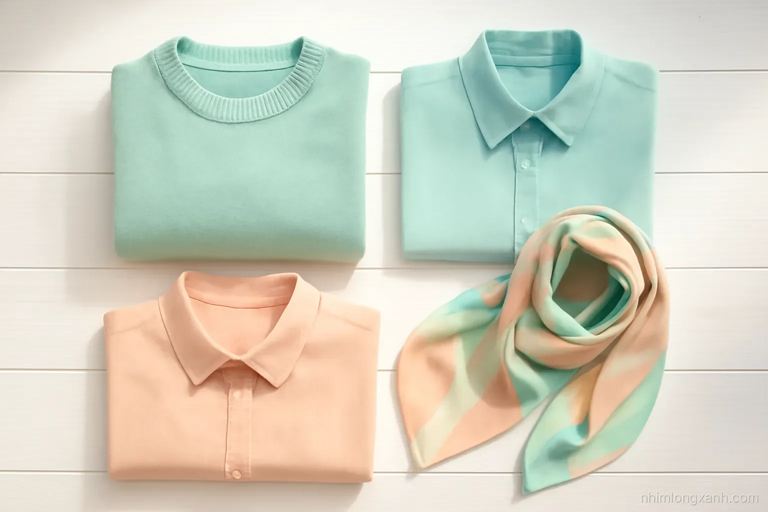 Top-down flat lay of folded pastel cotton shirts, a wool sweater and a silk scarf on a white wooden table, soft morning light, mint and peach tones, no readable tags