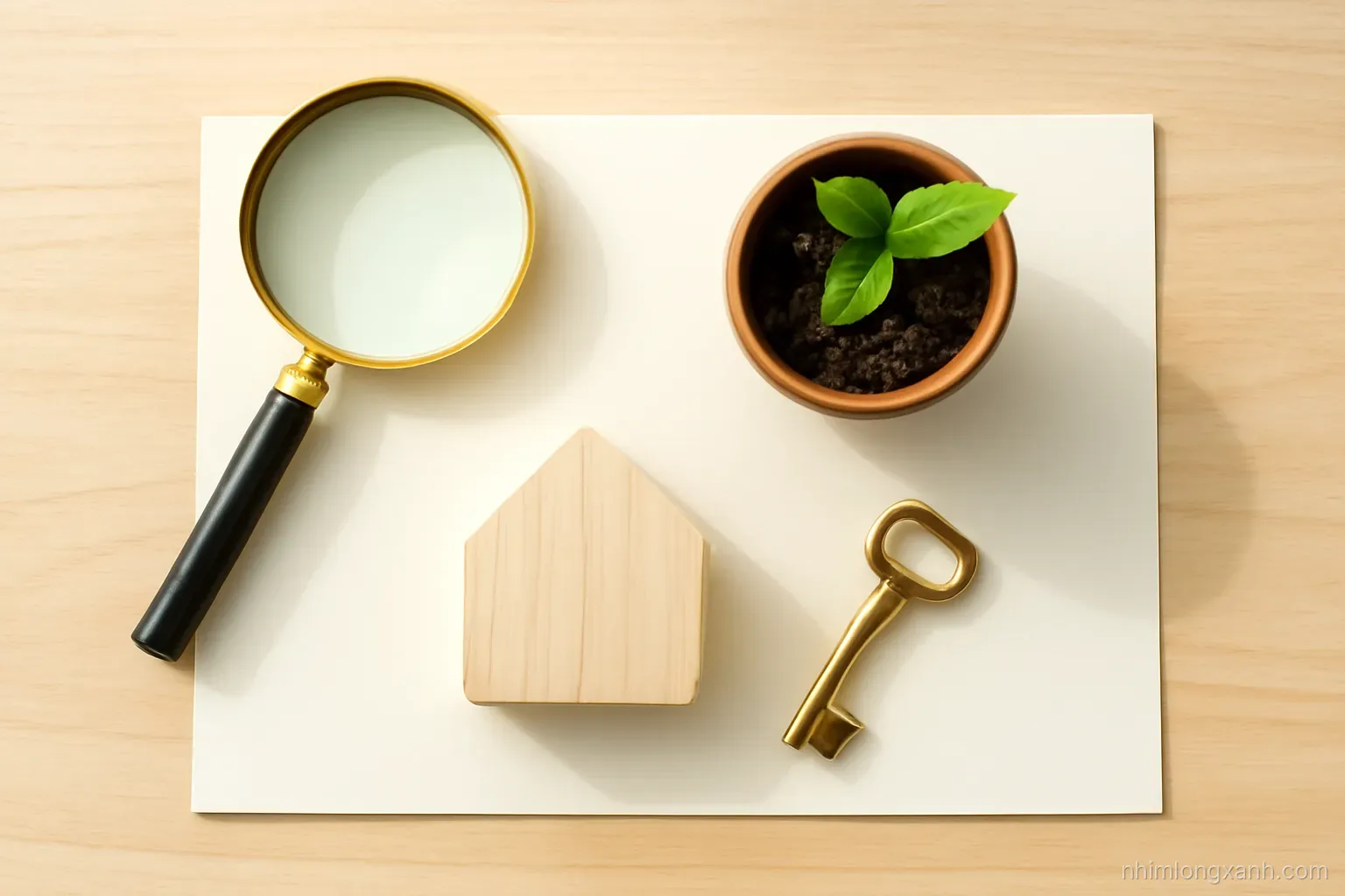 Flat lay overhead of a wooden table with a magnifying glass, a small potted seedling, a house-shaped wooden block and a brass key arranged on blank cream paper, bright soft daylight