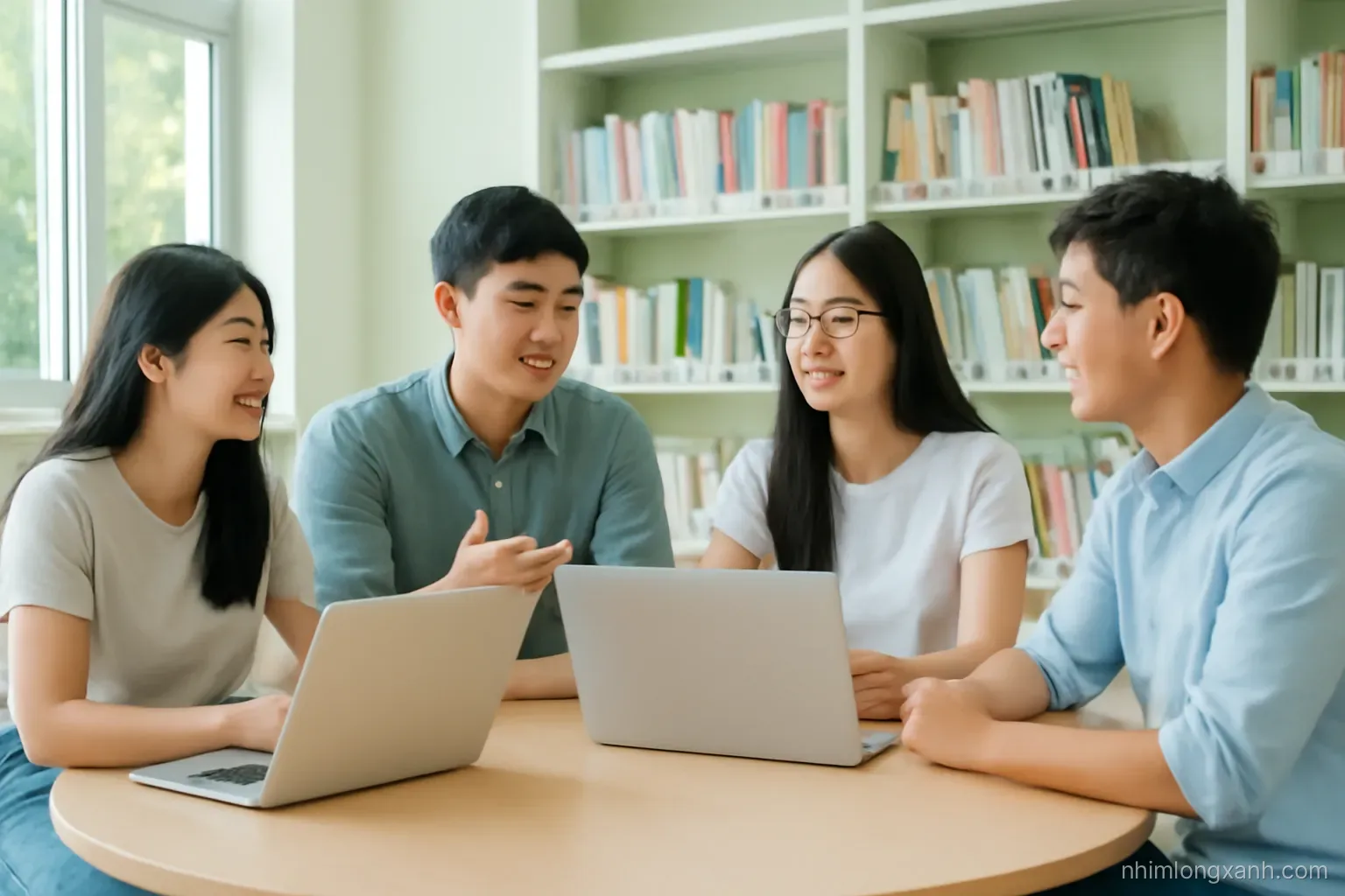 Wide shot of four Vietnamese students around a round table in a bright library corner, laptops with blank screens, one gesturing while others listen, natural daylight, sage green and white tones
