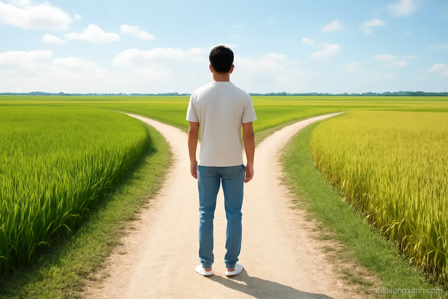 Wide shot of a young Vietnamese man standing at a fork in a sunlit countryside path between rice fields, seen from behind, two directions ahead, vivid green and pale gold palette