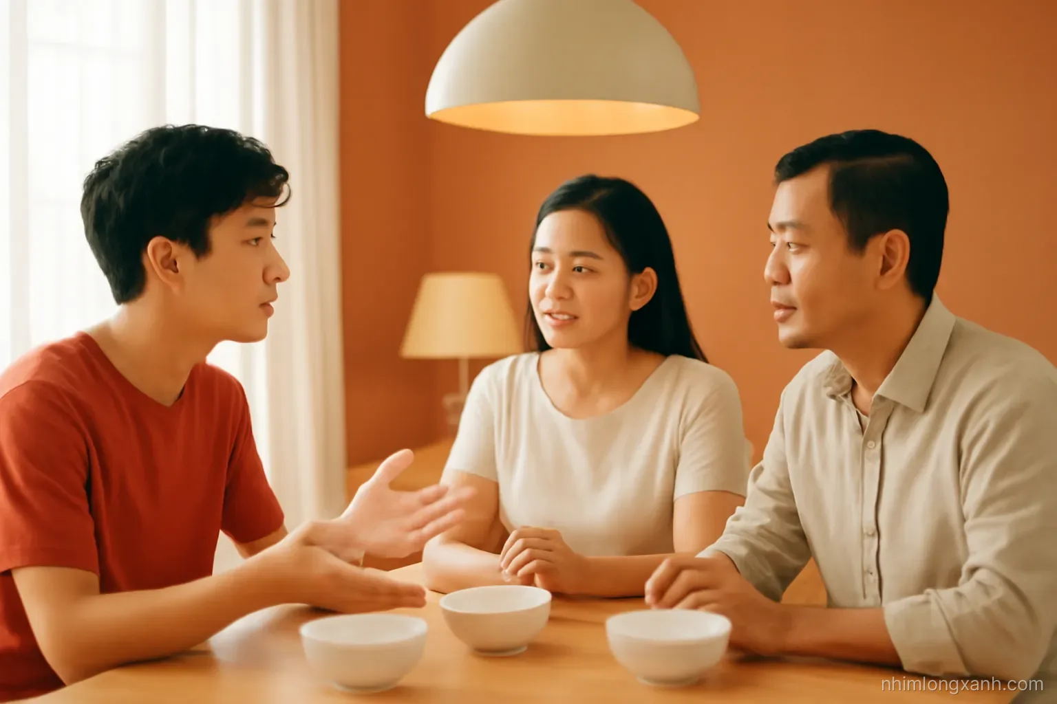Side view of a Vietnamese teenage boy sitting at a dinner table talking earnestly with his parents, open hands gesturing, bowls of rice between them, cozy warm lamp light, terracotta tones