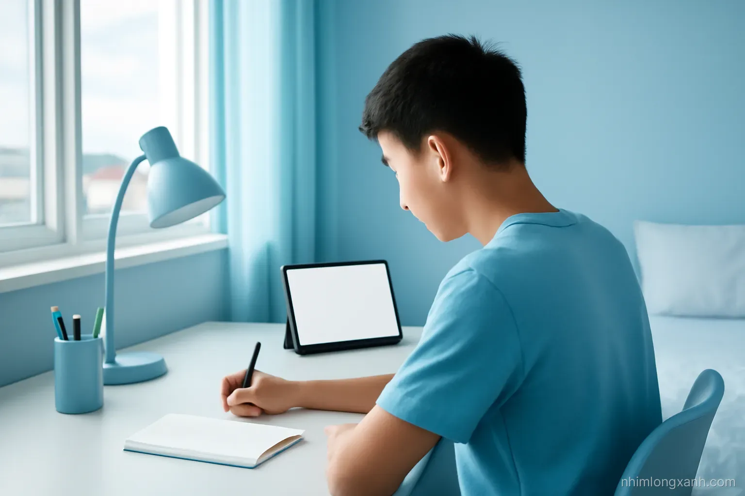 Over-the-shoulder shot of a Vietnamese teenage boy at a tidy bedroom desk by an open window, writing in a notebook beside a desk lamp, late afternoon light, sky blue tones