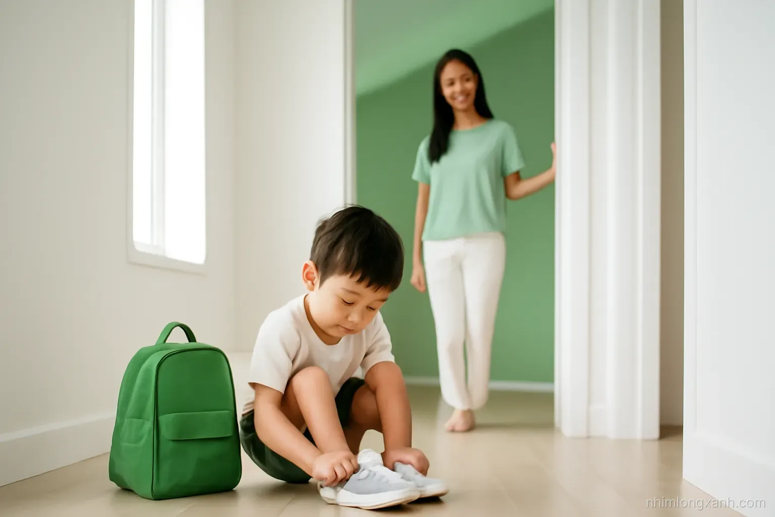 Wide shot of a Vietnamese five-year-old boy kneeling in a sunlit hallway putting on his own sneakers beside a small backpack, mother watching from doorway, crisp white and leaf green tones
