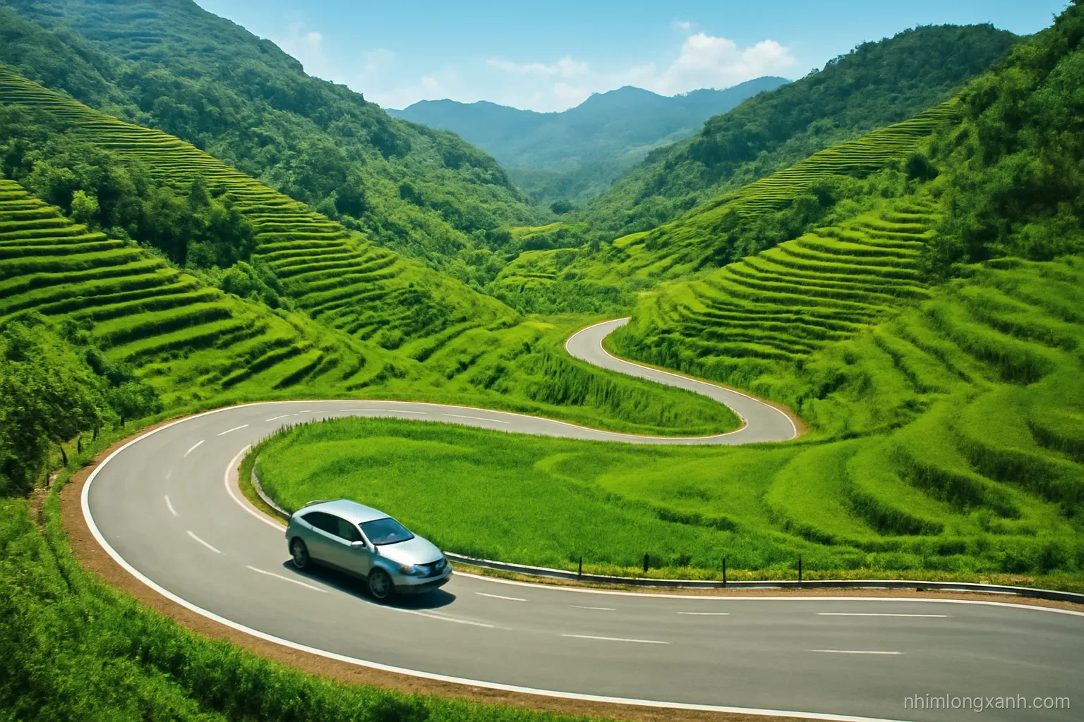 Aerial wide shot of a winding mountain pass road in northern Vietnam with a silver SUV descending a hairpin bend, lush green terraced hills, clear sunny sky, vivid greens