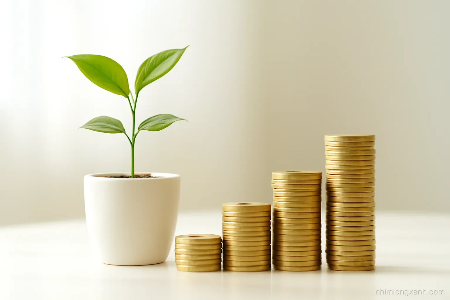 Low angle shot of a small potted sapling beside rising stacks of coins on a white table, bright studio light, fresh green and soft gold palette, minimal modern composition