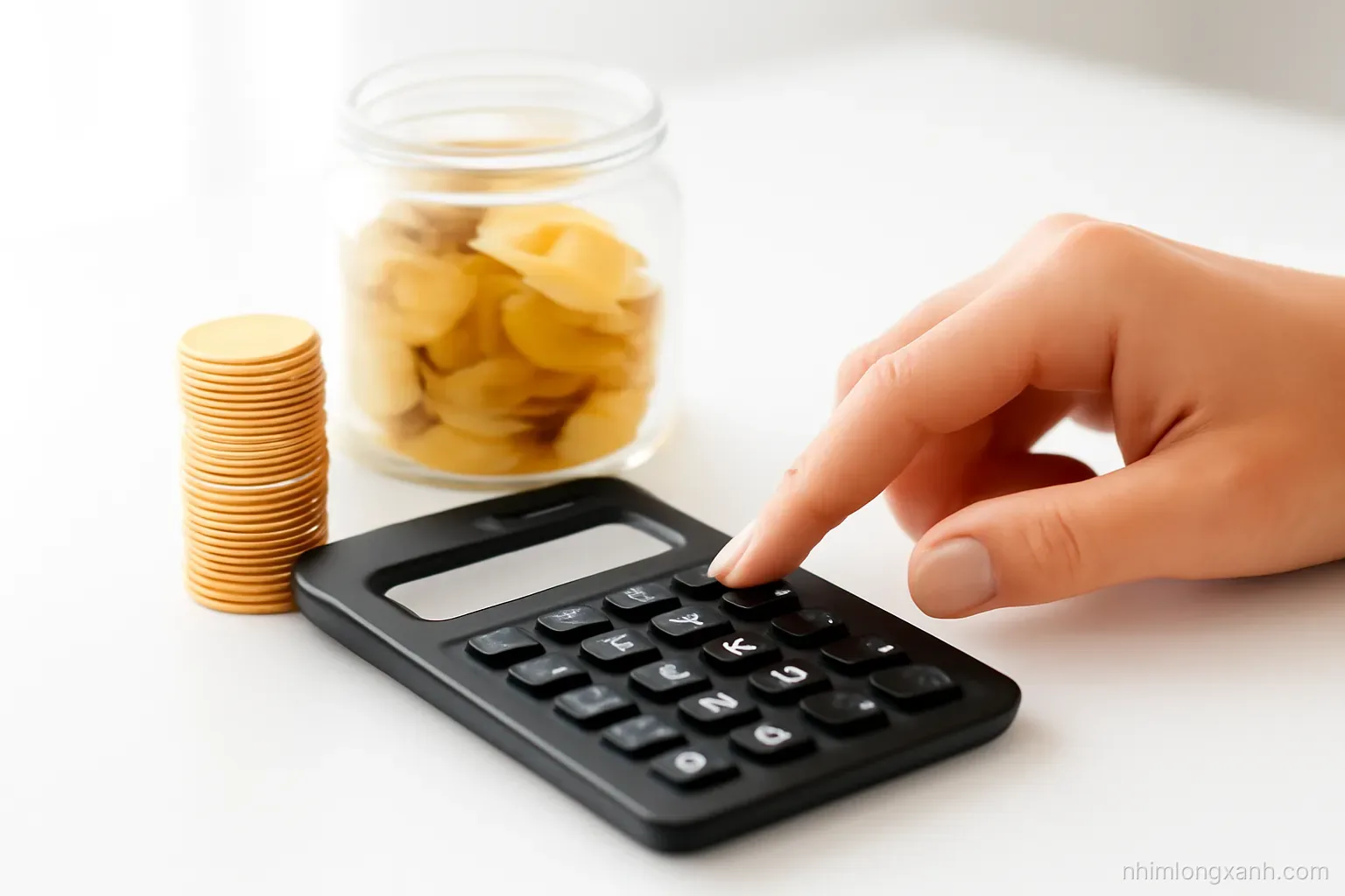 Macro close-up of a Vietnamese hand tapping a basic pocket calculator beside a stack of coins and a glass jar, bright white tabletop, crisp studio light, gold and white tones