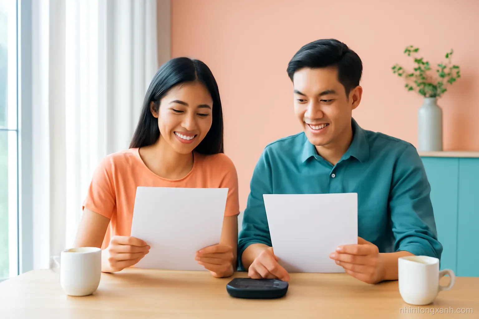 Wide shot of a young Vietnamese couple sitting at a bright dining table comparing two blank sheets with a calculator, natural light from tall windows, peach and teal tones