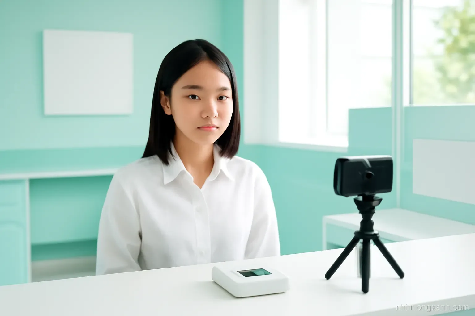 Vietnamese teenage girl in a white shirt facing a small camera at a bright police service counter, iris scanner in front, soft daylight, mint and white tones, eye-level shot
