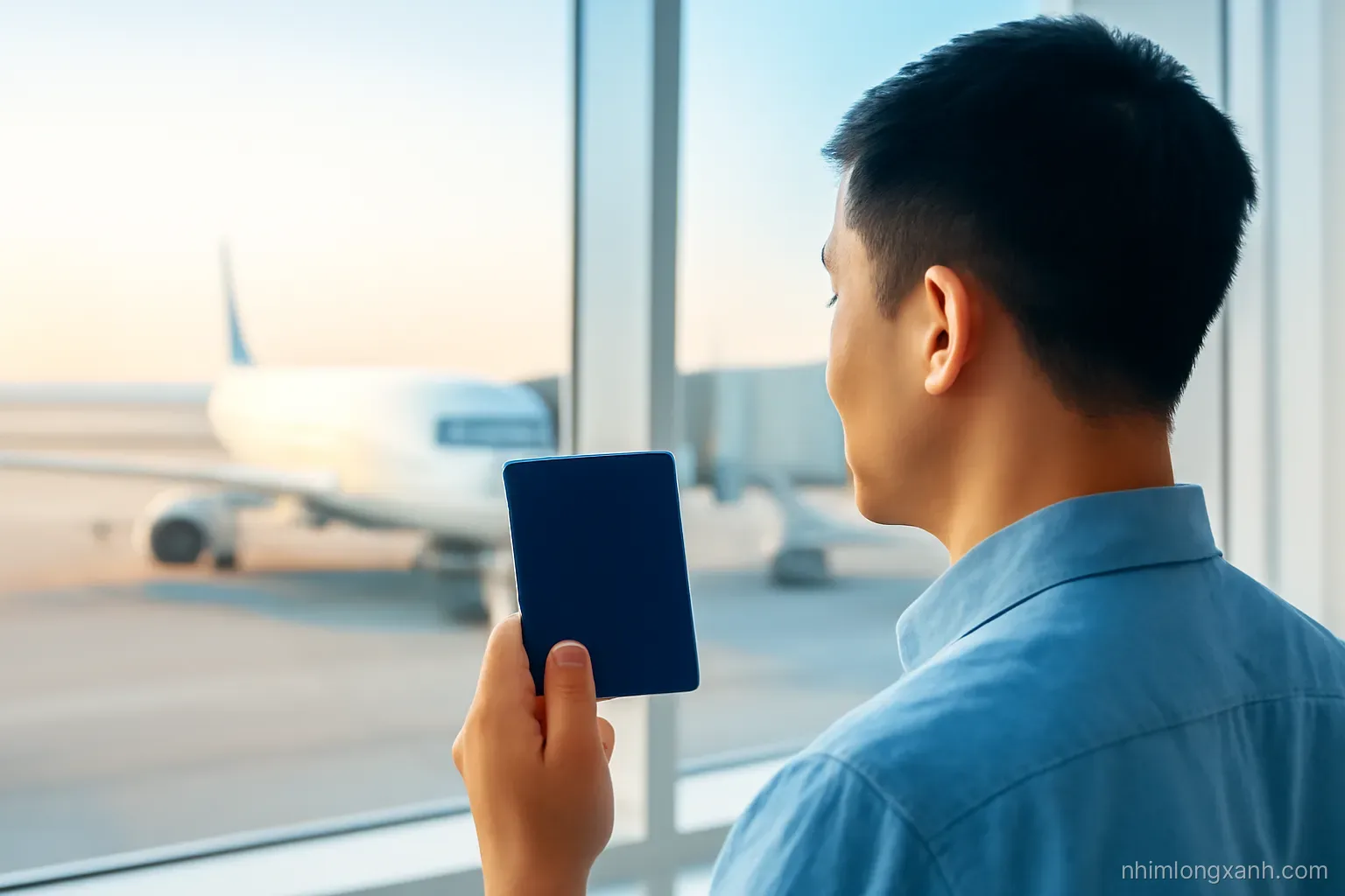 Over-the-shoulder view of a Vietnamese man holding a navy passport near a bright airport window, blurred airplane outside, morning light, deep blue and warm orange palette
