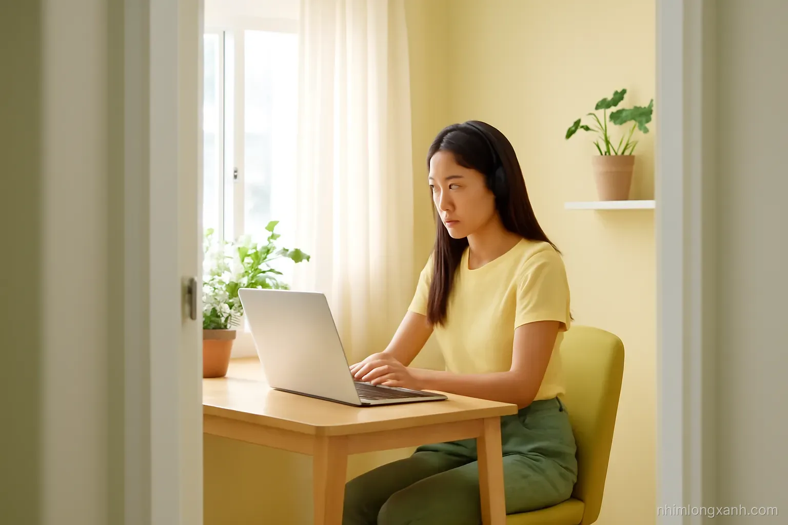 View through an open doorway into a bright apartment nook, a young Vietnamese woman on a video call at a compact desk with headphones and potted plants, morning light, butter yellow and sage palette