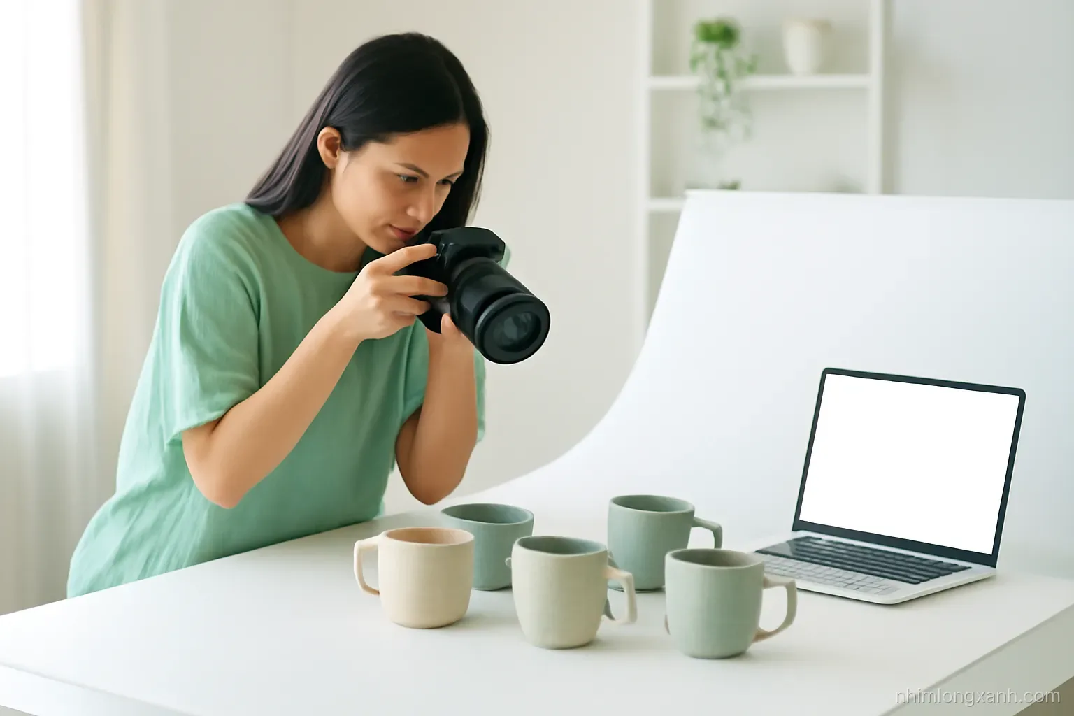 Wide shot of a young Vietnamese woman photographing handmade ceramic mugs on a white sweep backdrop in a bright home studio, laptop with blank glowing screen nearby, airy mint tones