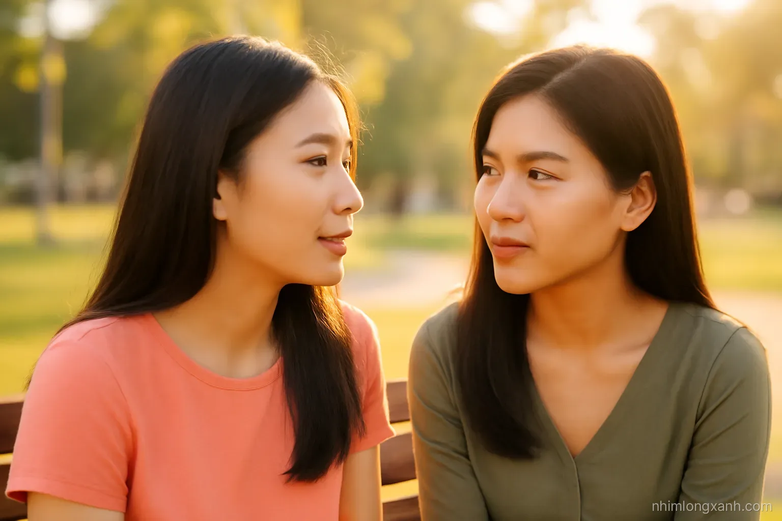Side view close-up of two Vietnamese women sitting on a park bench facing each other, one speaking, the other leaning in attentively, golden hour backlight, soft coral and olive tones