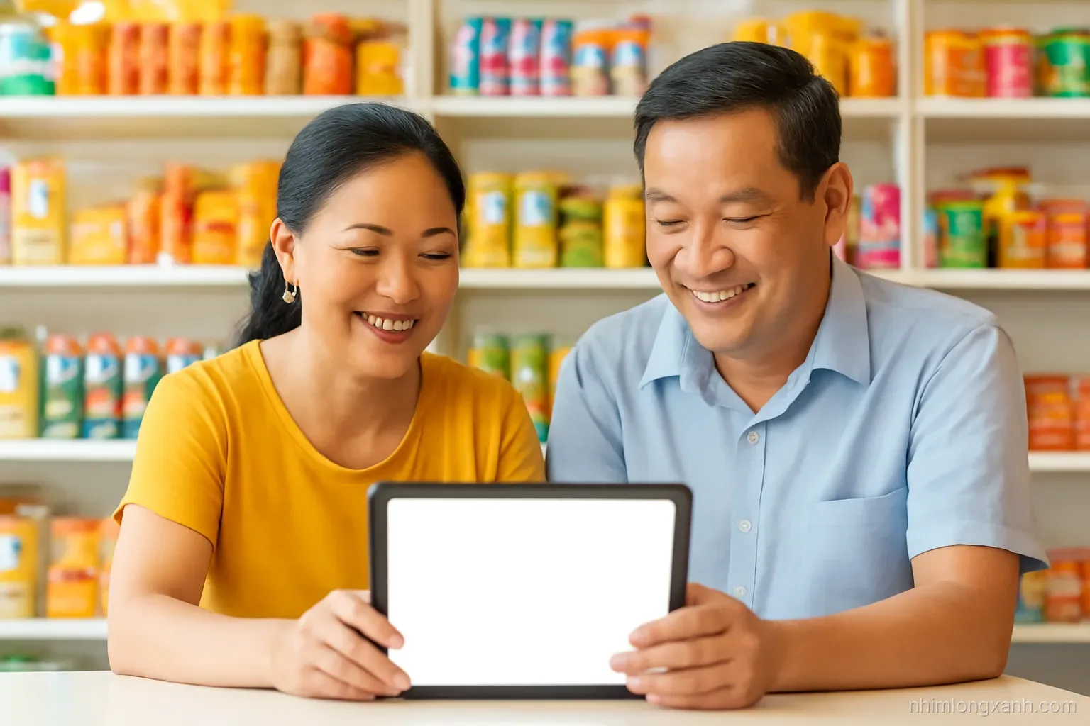Middle-aged Vietnamese shop owner couple sitting at a small family store counter reviewing a tablet with blank glowing display, shelves of colorful goods behind, eye-level shot, cheerful yellow light
