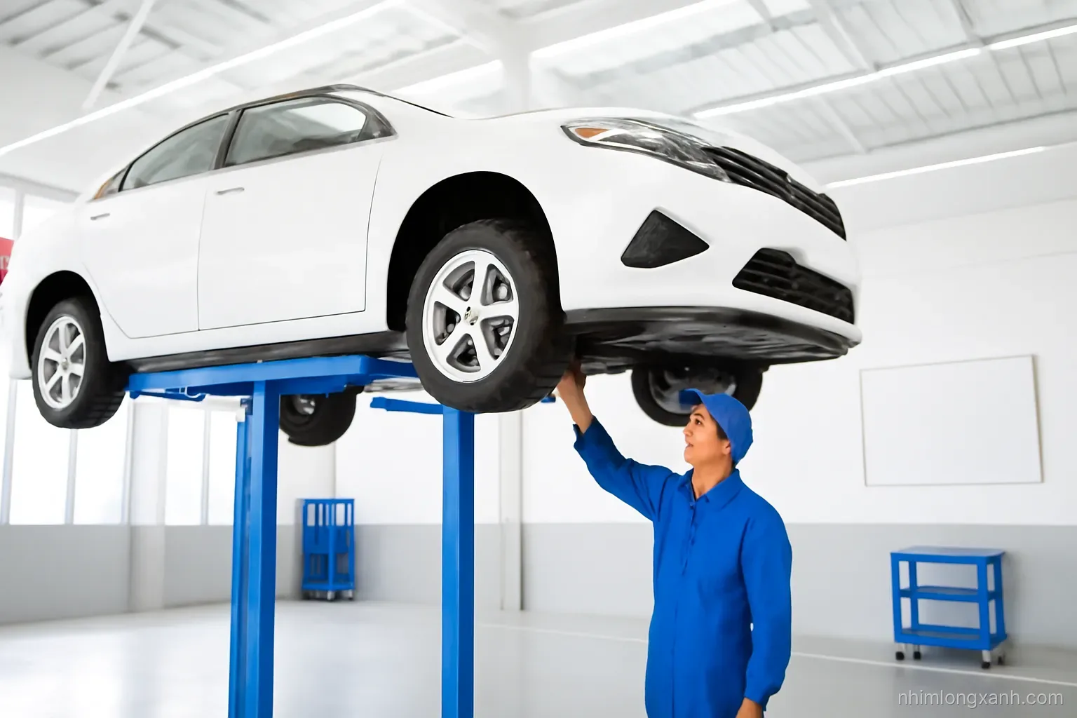 Wide shot of a modern Vietnamese car service bay, white sedan lifted on a hoist, technician in blue uniform inspecting the underside, bright LED lighting, clean grey floor