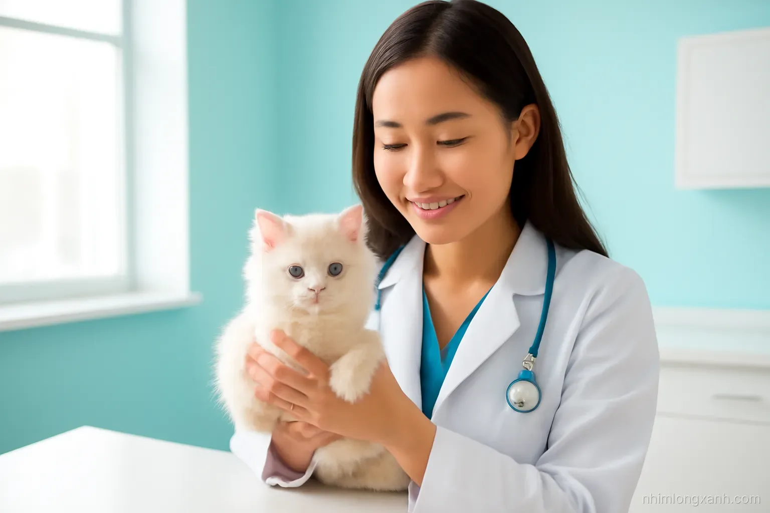 Close-up of a Vietnamese female veterinarian gently cradling a fluffy cream kitten on a clean exam table, bright modern clinic, pastel teal walls, soft window light