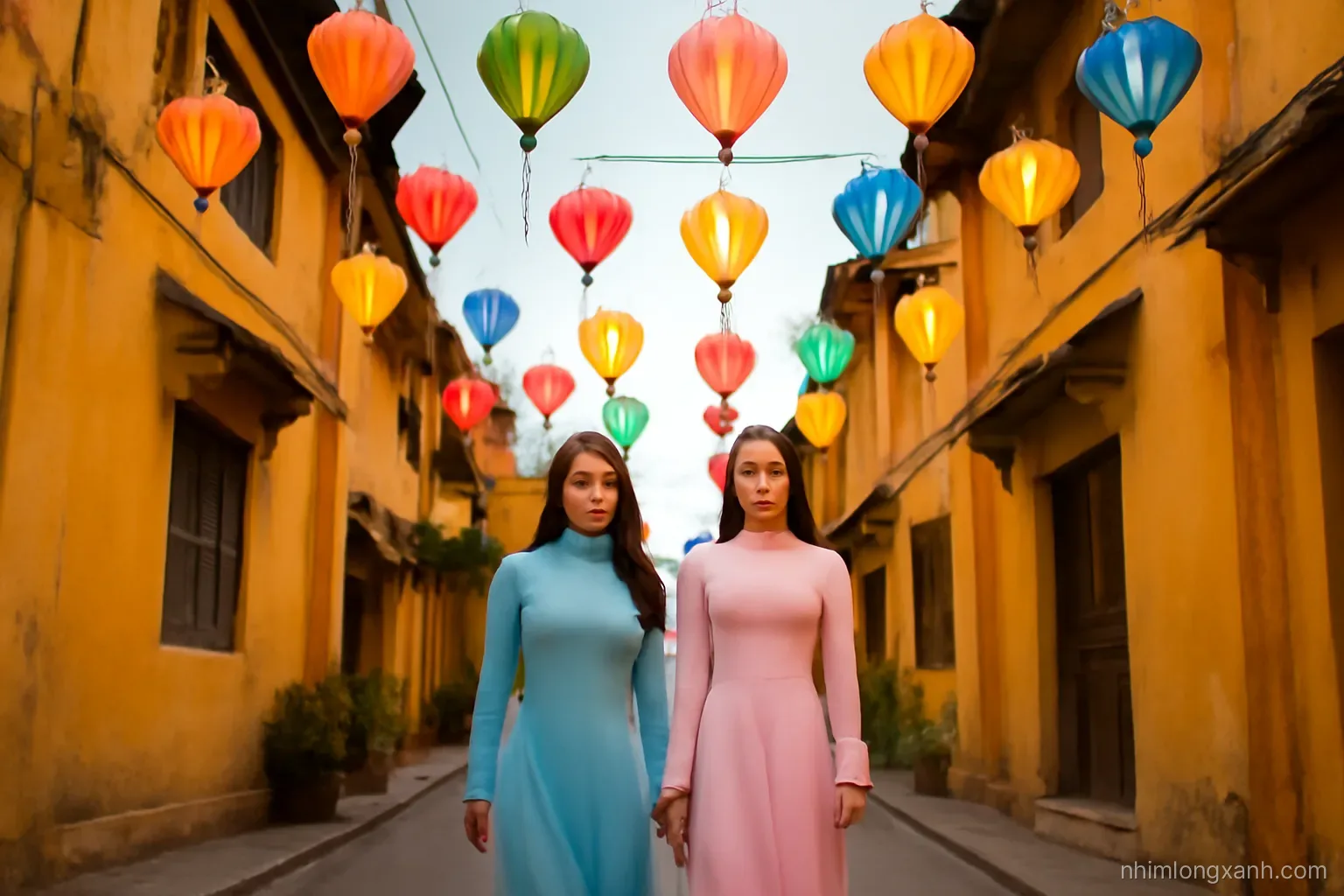 Low angle evening shot of colorful silk lanterns glowing above a narrow old town street with yellow walls, Vietnamese young women in ao dai strolling, warm amber light