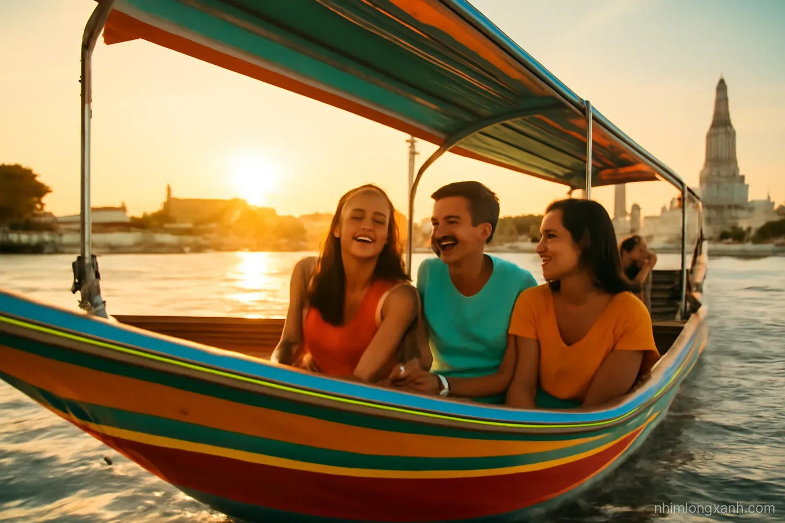 Low angle wide shot of a long-tail boat cruising a sparkling river in Bangkok at golden hour, Vietnamese friends laughing aboard, warm orange and turquoise palette, vivid joyful mood