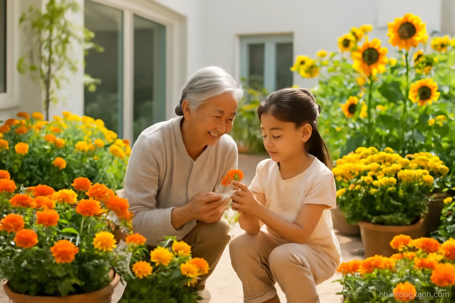 Wide view of a bright home courtyard full of potted orange marigolds, yellow chrysanthemums and sunflowers, a Vietnamese grandmother and child checking flower buds, golden morning light